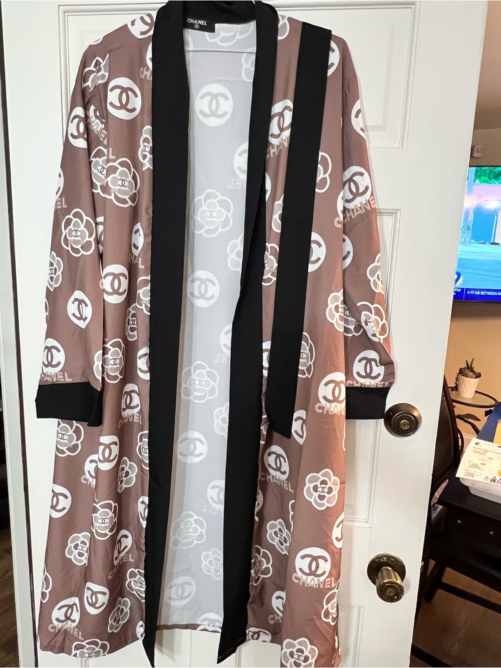 Inspired Taupe & Black Floral Logo Robe